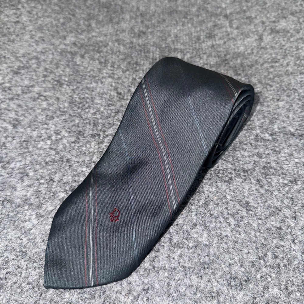 Christian Dior Monsieur Black Red White Striped Silk Necktie Logo USA Made